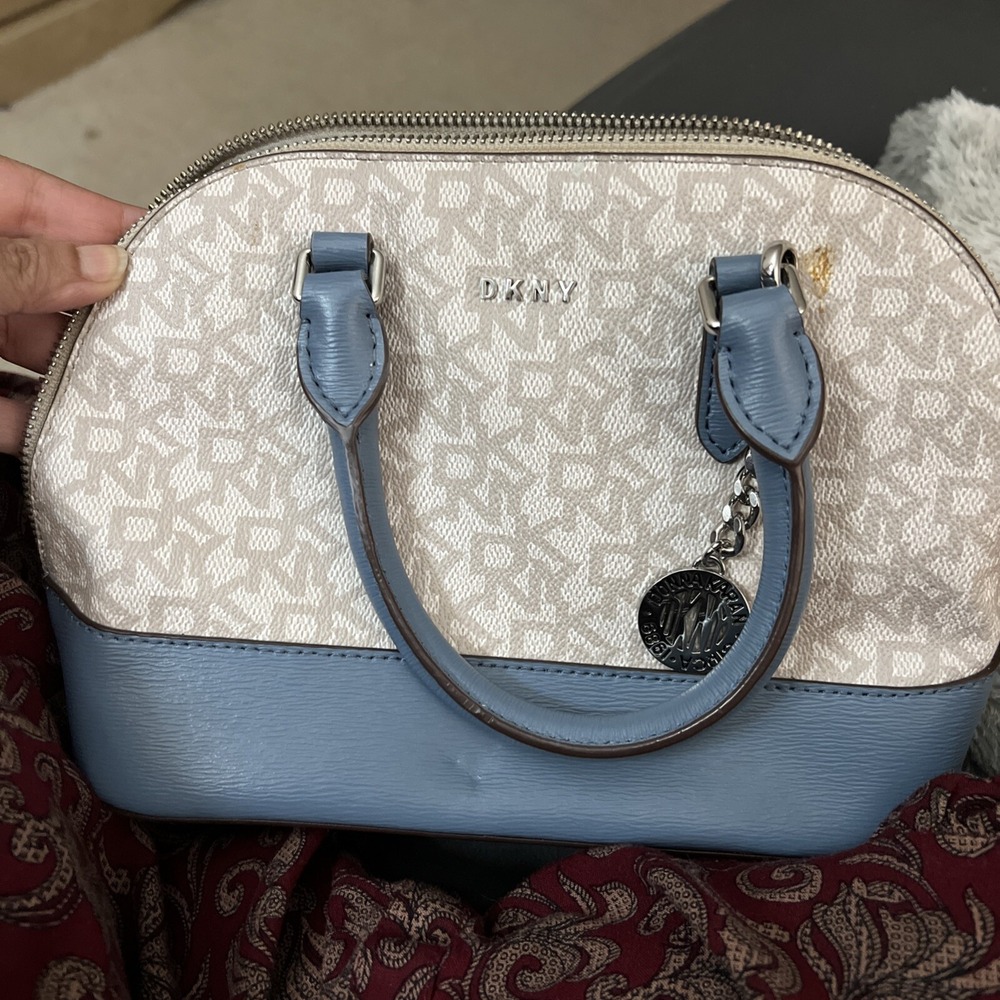 Donna Karan Dkny Beige Blue Signature‎ Logo Dome Crossbody Handbag Purse